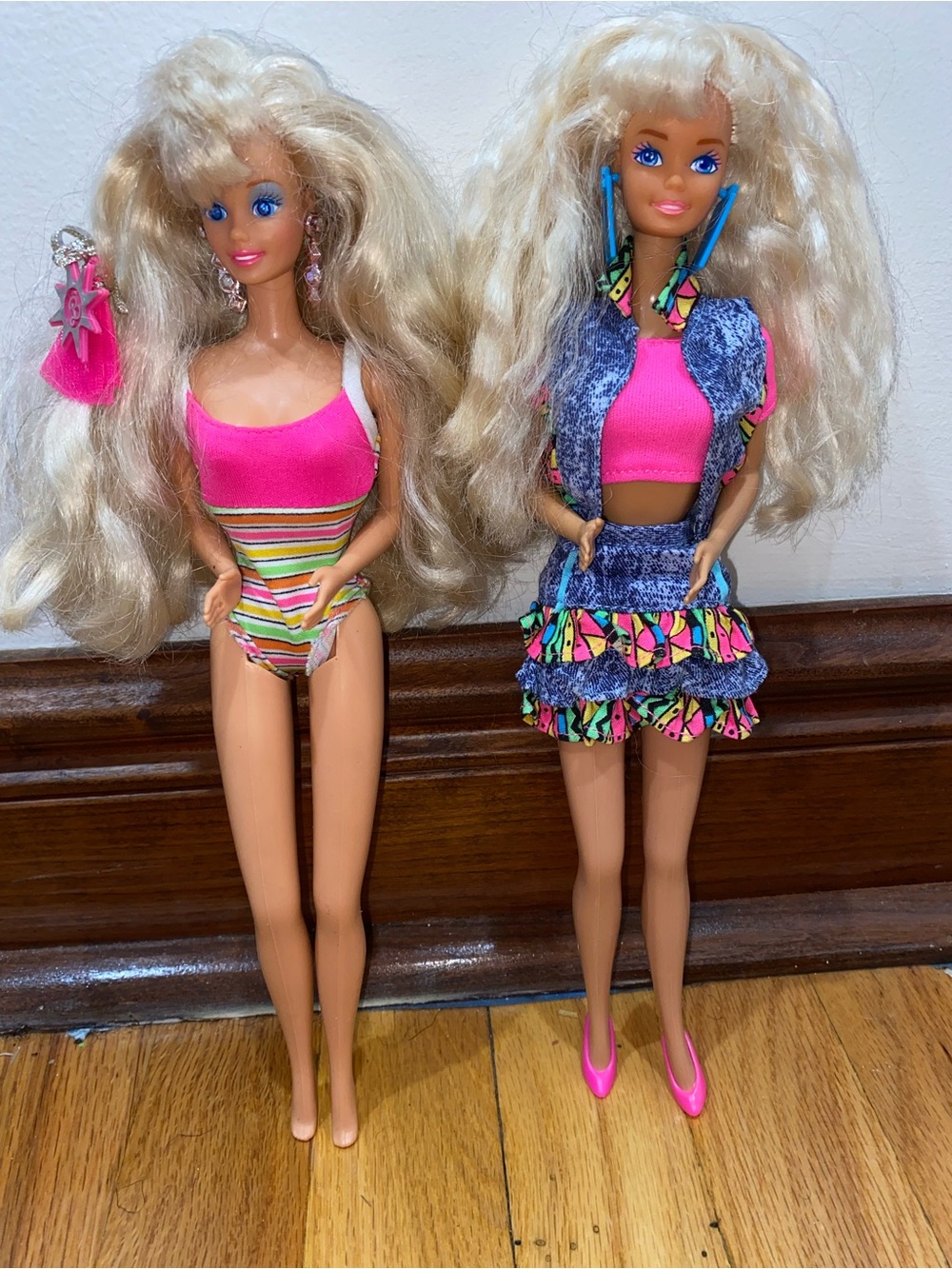 Malibu and Troll Barbie in Pink & Neon Pattern Two-Piece Doll Outfits